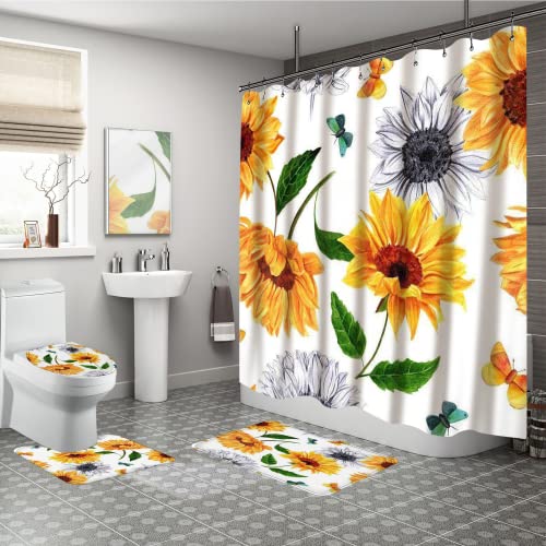 Sunflower Shower Curtain Sets with Non-Slip Rugs,Toilet Lid Cover Carpet and Bath Mat,Flowers Shower Curtains with 12 Hooks,Durable Waterproof for Bathroom Decor