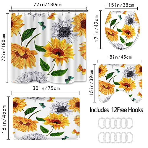 Sunflower Shower Curtain Sets with Non-Slip Rugs,Toilet Lid Cover Carpet and Bath Mat,Flowers Shower Curtains with 12 Hooks,Durable Waterproof for Bathroom Decor