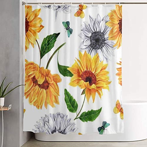 Sunflower Shower Curtain Sets with Non-Slip Rugs,Toilet Lid Cover Carpet and Bath Mat,Flowers Shower Curtains with 12 Hooks,Durable Waterproof for Bathroom Decor