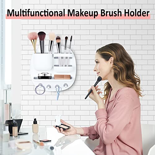 Kilolemo Wall Mounted Makeup Brush Holder Small Storage Organizer Adhesive Wall Storage Holder Hanging Container Toothbrush Storage Rack for Badroom Bathroom Kitchen（White）