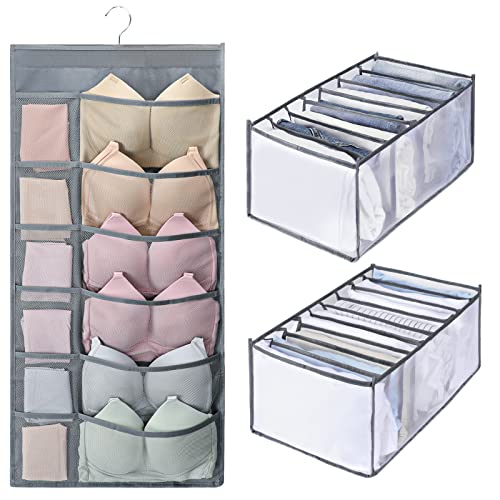 HENYNET Multi-size Wardrobe Clothes Organizer,Oxford Double-sided Underwear Panties Sock Hanging Bag,Foldable Jeans Shirt Skirts Compartment Box,for Clothing Storage,Gray