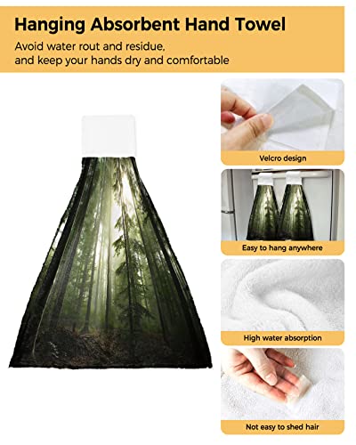 Kitchen Towels with Hanging Loop 2 Pack, Green Forest Sunrise Soft Absorbent Hand Towels for Bathroom Bar Home Decor Nature Tree Dish Towels Reusable Washable Cleaning Cloth