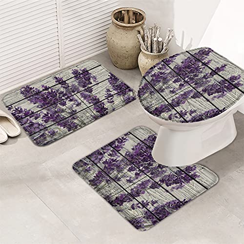 3 Piece Bath Rugs Sets,Vintage Lavender Flower Toilet Sets Non Slip Bath Mat, Water Absorbent U-Shaped Contour Toilet Mat, Toilet Lid Cover,Barn Wood