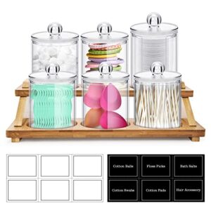 otvafava 6 pack of 10 oz apothecary jars bathroom vanity storage organizer with bamboo tray and labels - qtip holder dispenser canister clear plastic acrylic jar for cotton ball, cotton swab, cotton rounds, floss