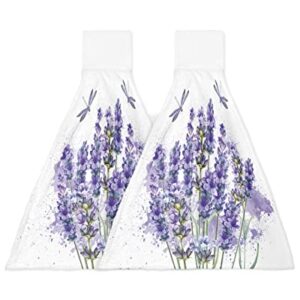 Hand Tie Towel Set of 2,Field Purple Lavender Floral Dragonfly Hanging Kitchen Towels with Loop, Absorbent Tea Bar Dish Towel Fast Drying Towels for Bathroom,Rustic Flower Plant Watercolor