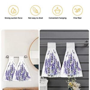 Hand Tie Towel Set of 2,Field Purple Lavender Floral Dragonfly Hanging Kitchen Towels with Loop, Absorbent Tea Bar Dish Towel Fast Drying Towels for Bathroom,Rustic Flower Plant Watercolor