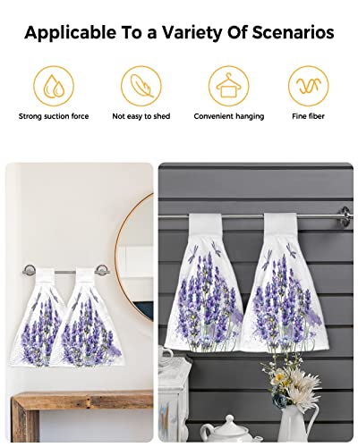 Hand Tie Towel Set of 2,Field Purple Lavender Floral Dragonfly Hanging Kitchen Towels with Loop, Absorbent Tea Bar Dish Towel Fast Drying Towels for Bathroom,Rustic Flower Plant Watercolor