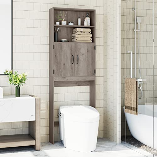 HOSTACK Over The Toilet Storage, Double Door Bathroom Organizer Toilet Cabinet, Freestanding Above Toilet Rack with Open Shelves and Adjustable Bottom Bar, 76.8 in H, Ash Gray