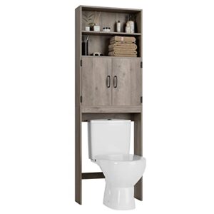 HOSTACK Over The Toilet Storage, Double Door Bathroom Organizer Toilet Cabinet, Freestanding Above Toilet Rack with Open Shelves and Adjustable Bottom Bar, 76.8 in H, Ash Gray