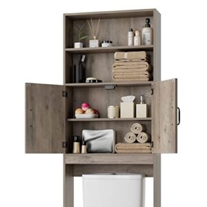 HOSTACK Over The Toilet Storage, Double Door Bathroom Organizer Toilet Cabinet, Freestanding Above Toilet Rack with Open Shelves and Adjustable Bottom Bar, 76.8 in H, Ash Gray