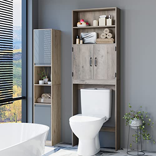 HOSTACK Over The Toilet Storage, Double Door Bathroom Organizer Toilet Cabinet, Freestanding Above Toilet Rack with Open Shelves and Adjustable Bottom Bar, 76.8 in H, Ash Gray