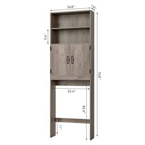 HOSTACK Over The Toilet Storage, Double Door Bathroom Organizer Toilet Cabinet, Freestanding Above Toilet Rack with Open Shelves and Adjustable Bottom Bar, 76.8 in H, Ash Gray