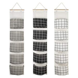 3pcs wall closet hanging storage bag with 5 pockets, waterproof over the door closet organizer, linen fabric hanging pocket for room bathroom bedroom (black+gray+white)