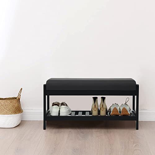 STRUGGLE Shoe Bench for Entryway, Solid Wood Shoe Rack with Cushion Padded Seat, Storage Shoe Shelf Holds up to 300lbs for Indoor, Entrance, Hallway, Bedroom, Living Room, Black