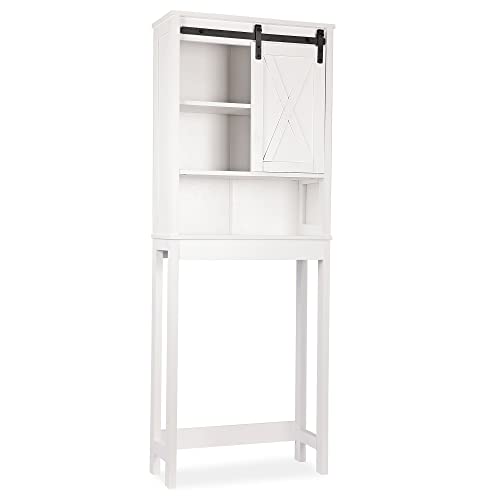 Xilingol Bathroom Storage Over The Toilet, Bathroom Cabinet Organizer with Adjustable Shelves and Sliding Doors, Wood Bathroom Space Saver, Wooden Frame, White