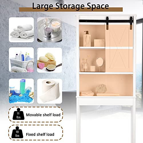 Xilingol Bathroom Storage Over The Toilet, Bathroom Cabinet Organizer with Adjustable Shelves and Sliding Doors, Wood Bathroom Space Saver, Wooden Frame, White