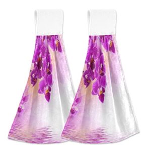 vnurnrn purple florals water hanging tie towels absorbent hand towel with hook & loop for kitchen bathroom 2 pieces