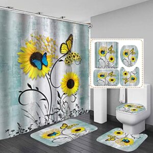 dia magico 4pcs yellow sunflower shower curtain set, magic floral blue butterfly black plant botanical teal barnwood country rustic farmhouse bathroom decor, fabric shower curtain, non-slip bath mat