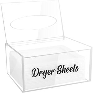 dryer sheet holder, acrylic dryer sheet dispenser with hinged lid, laundry room organization & decor box, container storage for fabric softener sheets - clear