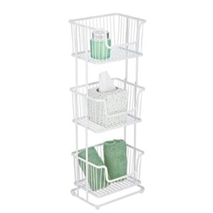 mDesign Tall 3 Basket Tiered Bathroom Holder, Metal Wire Floor Stand Storage Layered Rack with Three Tier Storage Shelving Bathroom Organizer Bins for Bath Towels, Hand Soap, and Toiletries - White