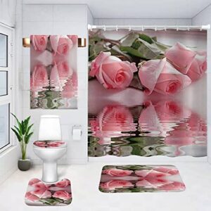 mightree bathroom shower curtains 5 pcs sets, waterproof fabric bathroom curtain with 12 hooks, toilet lid cover and bath mat, non-slip rug foot mat, beach towel, pink rose, large