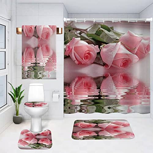 Mightree Bathroom Shower Curtains 5 pcs Sets, Waterproof Fabric Bathroom Curtain with 12 Hooks, Toilet Lid Cover and Bath Mat, Non-Slip Rug Foot mat, Beach Towel, Pink Rose, Large