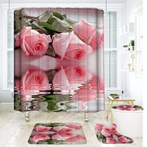 Mightree Bathroom Shower Curtains 5 pcs Sets, Waterproof Fabric Bathroom Curtain with 12 Hooks, Toilet Lid Cover and Bath Mat, Non-Slip Rug Foot mat, Beach Towel, Pink Rose, Large