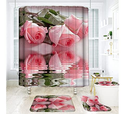 Mightree Bathroom Shower Curtains 5 pcs Sets, Waterproof Fabric Bathroom Curtain with 12 Hooks, Toilet Lid Cover and Bath Mat, Non-Slip Rug Foot mat, Beach Towel, Pink Rose, Large