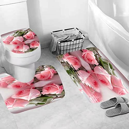 Mightree Bathroom Shower Curtains 5 pcs Sets, Waterproof Fabric Bathroom Curtain with 12 Hooks, Toilet Lid Cover and Bath Mat, Non-Slip Rug Foot mat, Beach Towel, Pink Rose, Large