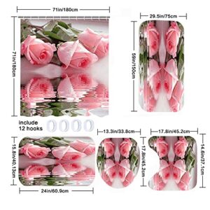 Mightree Bathroom Shower Curtains 5 pcs Sets, Waterproof Fabric Bathroom Curtain with 12 Hooks, Toilet Lid Cover and Bath Mat, Non-Slip Rug Foot mat, Beach Towel, Pink Rose, Large