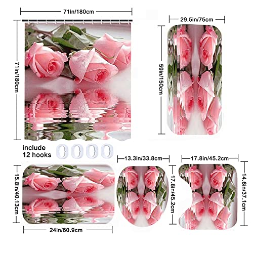 Mightree Bathroom Shower Curtains 5 pcs Sets, Waterproof Fabric Bathroom Curtain with 12 Hooks, Toilet Lid Cover and Bath Mat, Non-Slip Rug Foot mat, Beach Towel, Pink Rose, Large