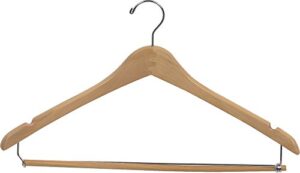 the great american hanger company curved wood suit hanger w/locking bar, box of 100 17 inch hangers w/natural finish & chrome swivel hook & notches for shirt dress or pants