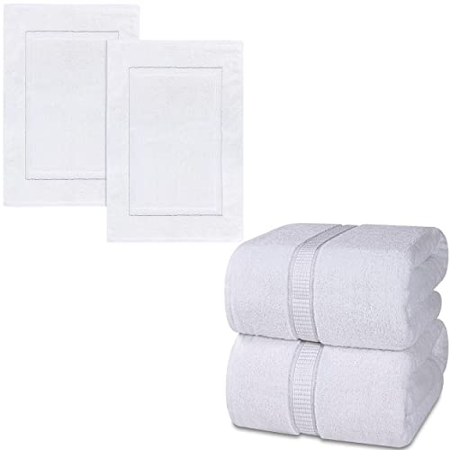 Utopia Towels Bundle Pack of 600 GSM Bath Sheet Set (2-Pack) and Banded Bath Mats (2-Pack) – 100% Ring-Spun Cotton – Highly Absorbent – Soft & Luxurious – White