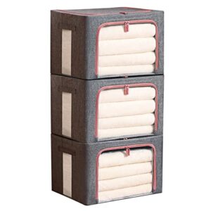 homzing closet storage bins stackable organizer foldable double zipper blanket storage bags 24l storage containers linen fabric 3 pack for bedding closet bedroom（grey）