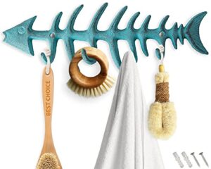comfify decorative fish bones wall mounted towel rack stylish cast iron hanger w/ 4 “fish” hooks | includes screws and anchors - fish bones towel hanger - teal blue