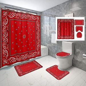 4 piece abstract paisley shower curtain waterproof red bandana elegant ethnic tribal bathroom sets with non-slip rugs, toilet lid cover and bath mat with standard size