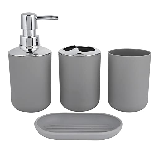 Jaugufiy Bathroom Accessory Set of 4, with Soap Dispenser Pump Bottle Toothbrush and Toopaste Holder Toothbrush Cup Soap Tray (Grey)