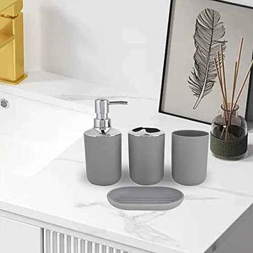 Jaugufiy Bathroom Accessory Set of 4, with Soap Dispenser Pump Bottle Toothbrush and Toopaste Holder Toothbrush Cup Soap Tray (Grey)