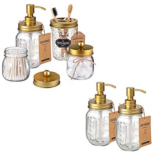 Amolliar 4PCS & 2pcs Gold Mason Jar Bathroom Accessories Set-3pcs Lotion Soap Dispenser & 2 pcs Cotton Swab Holder &1pcs Toothbrush Holder,Waterproof Stickers,Rustic Farmhouse Decor