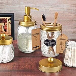 Amolliar 4PCS & 2pcs Gold Mason Jar Bathroom Accessories Set-3pcs Lotion Soap Dispenser & 2 pcs Cotton Swab Holder &1pcs Toothbrush Holder,Waterproof Stickers,Rustic Farmhouse Decor