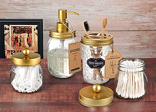 Amolliar 4PCS & 2pcs Gold Mason Jar Bathroom Accessories Set-3pcs Lotion Soap Dispenser & 2 pcs Cotton Swab Holder &1pcs Toothbrush Holder,Waterproof Stickers,Rustic Farmhouse Decor