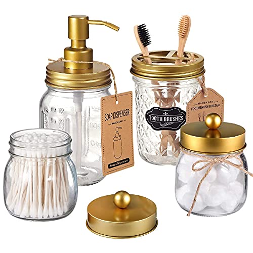 Amolliar 4PCS & 2pcs Gold Mason Jar Bathroom Accessories Set-3pcs Lotion Soap Dispenser & 2 pcs Cotton Swab Holder &1pcs Toothbrush Holder,Waterproof Stickers,Rustic Farmhouse Decor