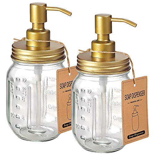 Amolliar 4PCS & 2pcs Gold Mason Jar Bathroom Accessories Set-3pcs Lotion Soap Dispenser & 2 pcs Cotton Swab Holder &1pcs Toothbrush Holder,Waterproof Stickers,Rustic Farmhouse Decor