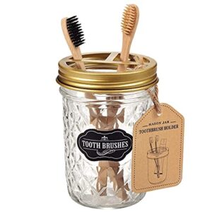 Amolliar 4PCS & 2pcs Gold Mason Jar Bathroom Accessories Set-3pcs Lotion Soap Dispenser & 2 pcs Cotton Swab Holder &1pcs Toothbrush Holder,Waterproof Stickers,Rustic Farmhouse Decor