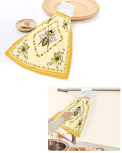 DecorLovee Summer Bee Hanging Kitchen Towels 2 Pack, Hand Towels with Hanging Loop for Bathroom, Yellow Lace Farmhouse Sunflower Rustic Kitchen Hand Towels Absorbent Dish Cloths Tie Dry Towel 18"x14"