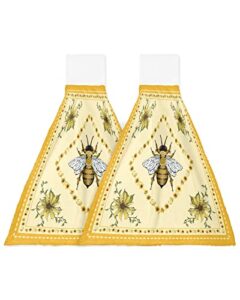 decorlovee summer bee hanging kitchen towels 2 pack, hand towels with hanging loop for bathroom, yellow lace farmhouse sunflower rustic kitchen hand towels absorbent dish cloths tie dry towel 18"x14"