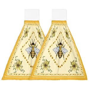 DecorLovee Summer Bee Hanging Kitchen Towels 2 Pack, Hand Towels with Hanging Loop for Bathroom, Yellow Lace Farmhouse Sunflower Rustic Kitchen Hand Towels Absorbent Dish Cloths Tie Dry Towel 18"x14"