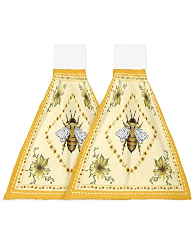 DecorLovee Summer Bee Hanging Kitchen Towels 2 Pack, Hand Towels with Hanging Loop for Bathroom, Yellow Lace Farmhouse Sunflower Rustic Kitchen Hand Towels Absorbent Dish Cloths Tie Dry Towel 18"x14"