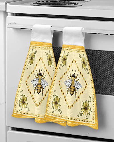 DecorLovee Summer Bee Hanging Kitchen Towels 2 Pack, Hand Towels with Hanging Loop for Bathroom, Yellow Lace Farmhouse Sunflower Rustic Kitchen Hand Towels Absorbent Dish Cloths Tie Dry Towel 18"x14"