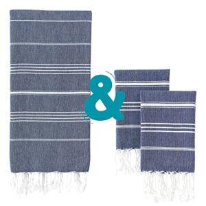wetcat bundle: turkish bath towel (38 x 71) and turkish hand towels (20 x 30, set of 2) - 100% cotton, prewashed for soft feel - navy blue towels & navy blue bathroom accessories